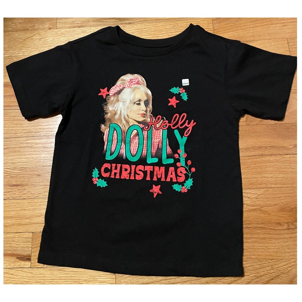 Wonder Nation Dolly Parton Holly Dolly Christmas T-Shirt Black Kids XS 4-5